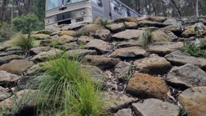 A bus parked on a rocky terrain with trees in the background. - Escape to a unique retreat with Miss Beddy, recently renovated Bedford bus  (Mount Helen)