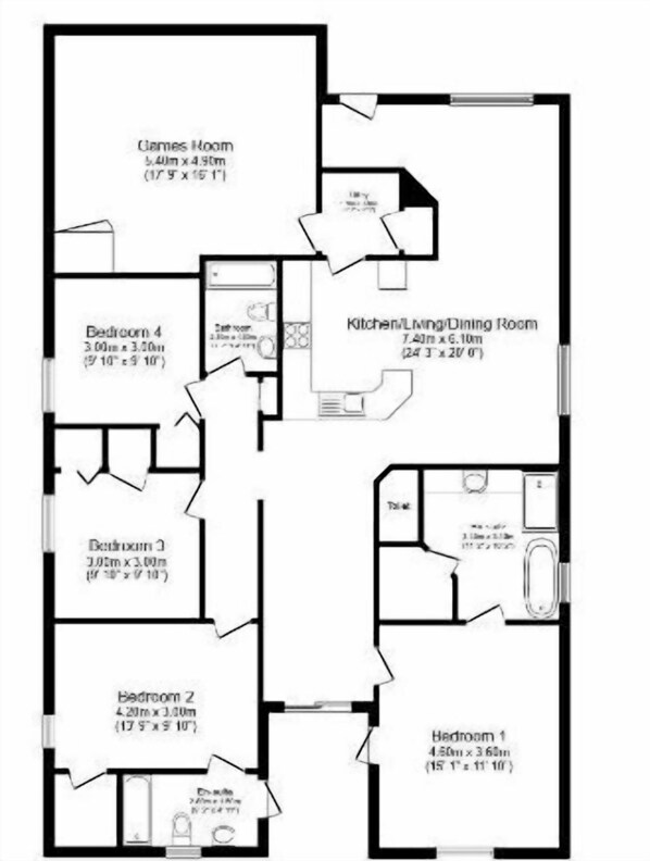A floor plan of a hotel with four bedrooms, a living room, a kitchen, and a dining area.