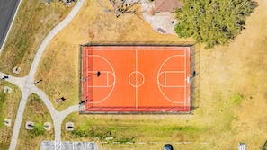 Vista aerea di un campo da basket circondato da vialetti e vegetazione.