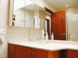 Dusche, Haartrockner, Handtücher, Shampoo