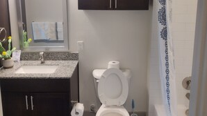 Un baño con lavamanos, espejo, armarios oscuros, inodoro y cortina de ducha.