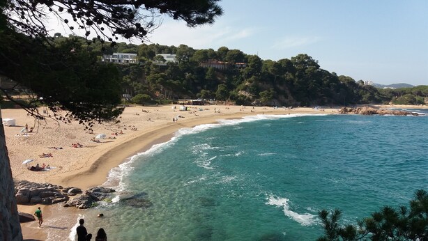 A coastal beach with clear turquoise waters, rocky shorelines, and a view of buildings on a hillside. - FULLY EQUIPPED APARTMENT IN ONE OF THE BEST BEACHES ON THE COSTA BRAVA (Sant Feliu de Guíxols)