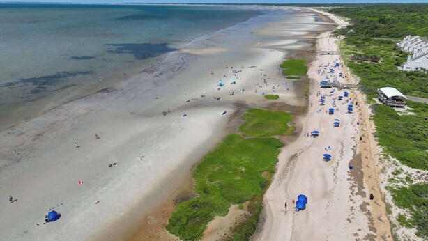 An aerial view of a beach with people, umbrellas, and a building on the right. - Walk to Private Bayside Beach! (Brewster)