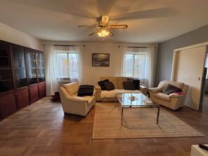 Télévision, cheminée, lecteur de DVD, baby-foot