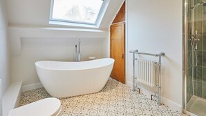 Une salle de bain moderne avec une baignoire sur pieds, des toilettes, un espace douche et un puits de lumière.