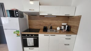 A compact kitchen with white cabinetry, a built-in oven, a microwave, and a sink. - Apartmá Beatrice (Brno)