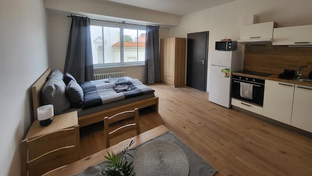 A compact studio apartment with a kitchenette, a bed with a view of the outside, and a dining area. - Apartmá Beatrice (Brno)
