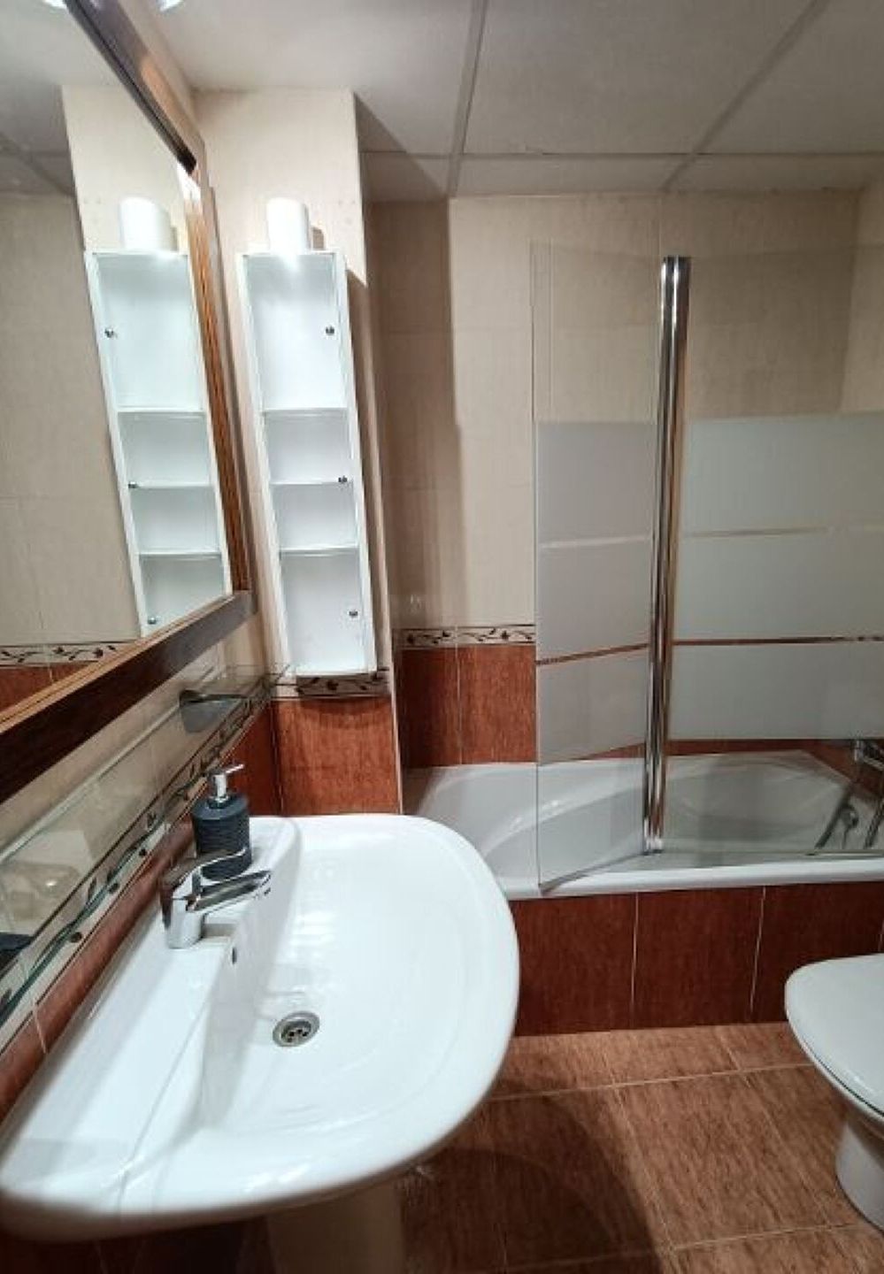 Baño con lavamanos, espejo y zona de ducha.