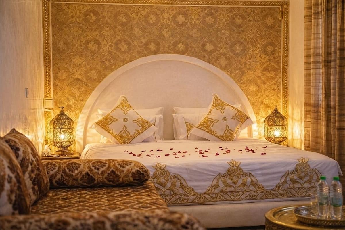 A luxurious bedroom with a large bed, ornate headboard, and decorative lamps.