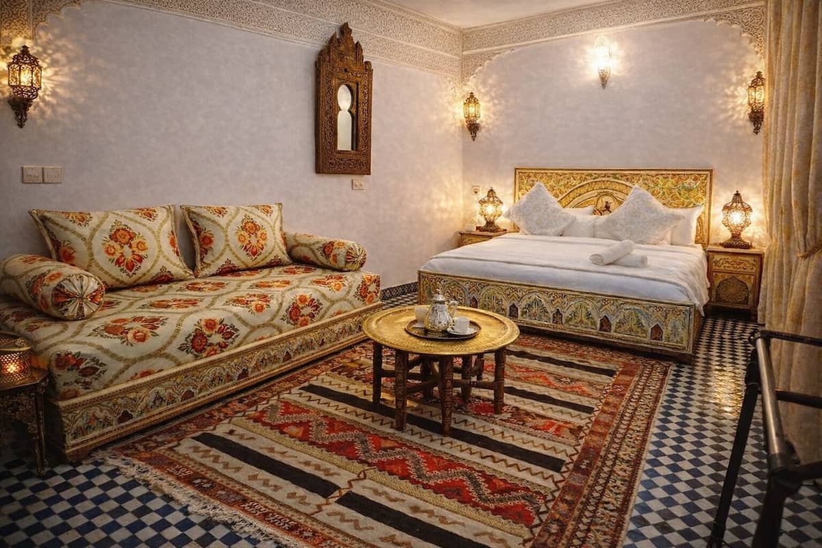 A room with a sofa, a bed, a small round table with a tray, patterned rugs, and wall-mounted lights.