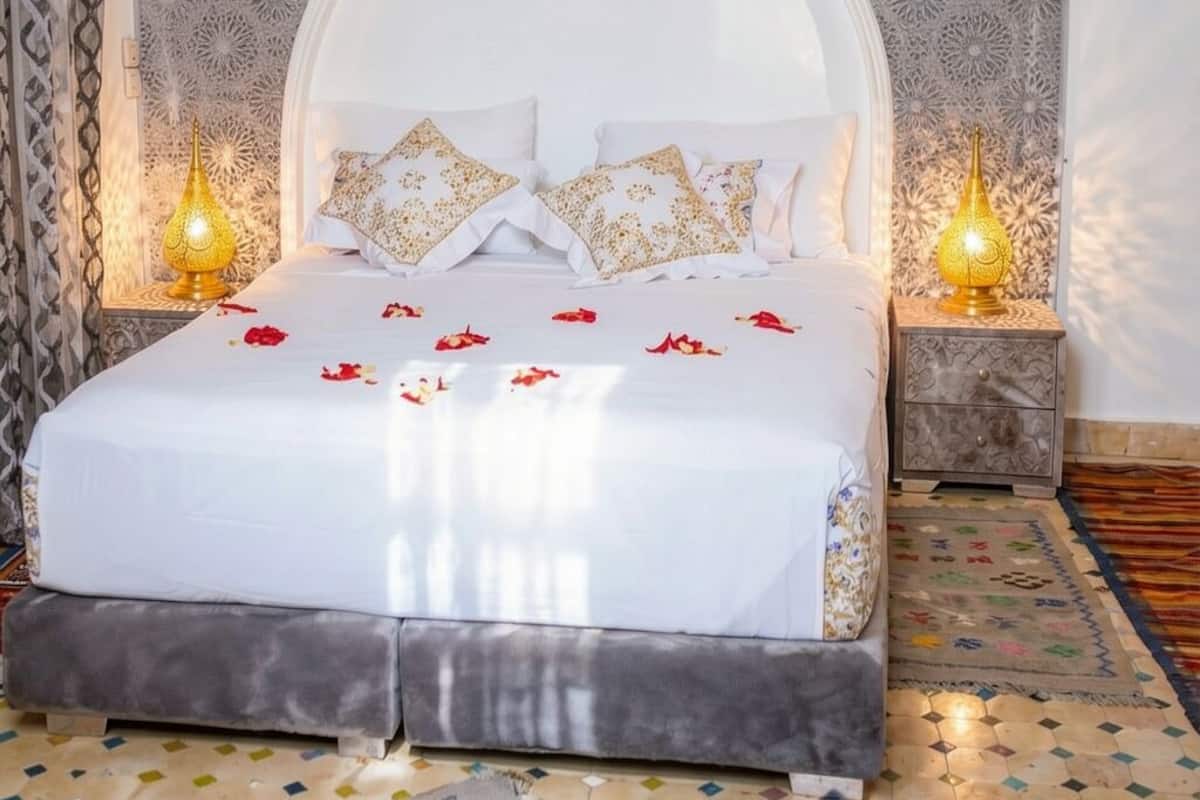 A bed with a white canopy, two bedside lamps, and a patterned headboard.