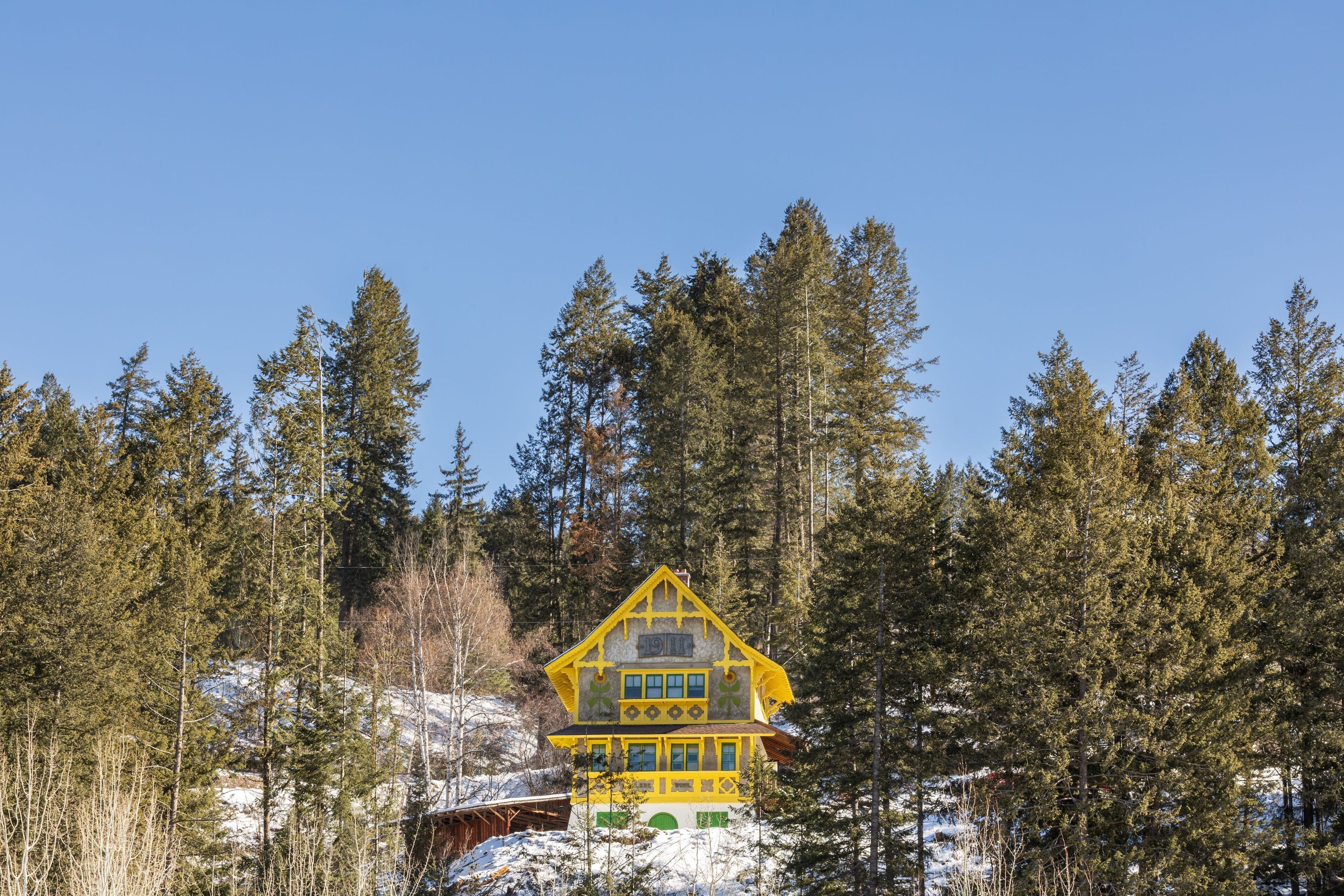 Une cabane jaune, dotée de nombreuses fenêtres et d’une porte verte, entourée de grands pins et de neige.