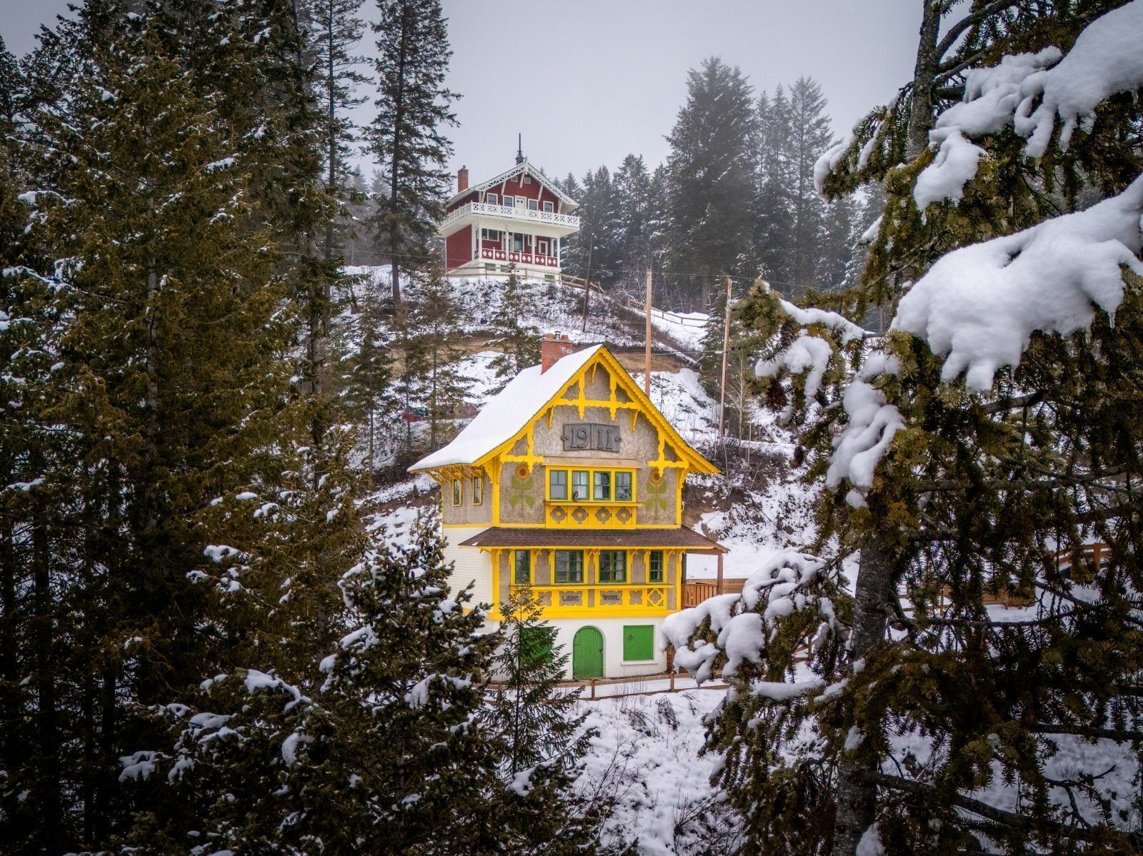 Un chalet jaune avec un toit rouge, entouré d’arbres couverts de neige.