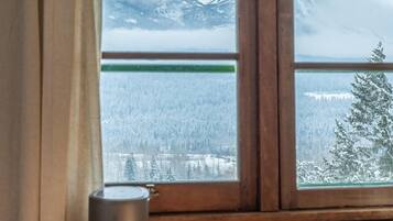A window with a view of snow-covered mountains and a forest.