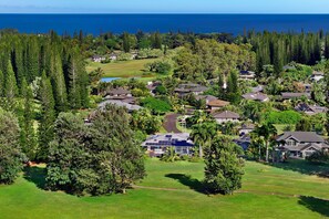 A residential area with houses, a golf course, and a view of the ocean.