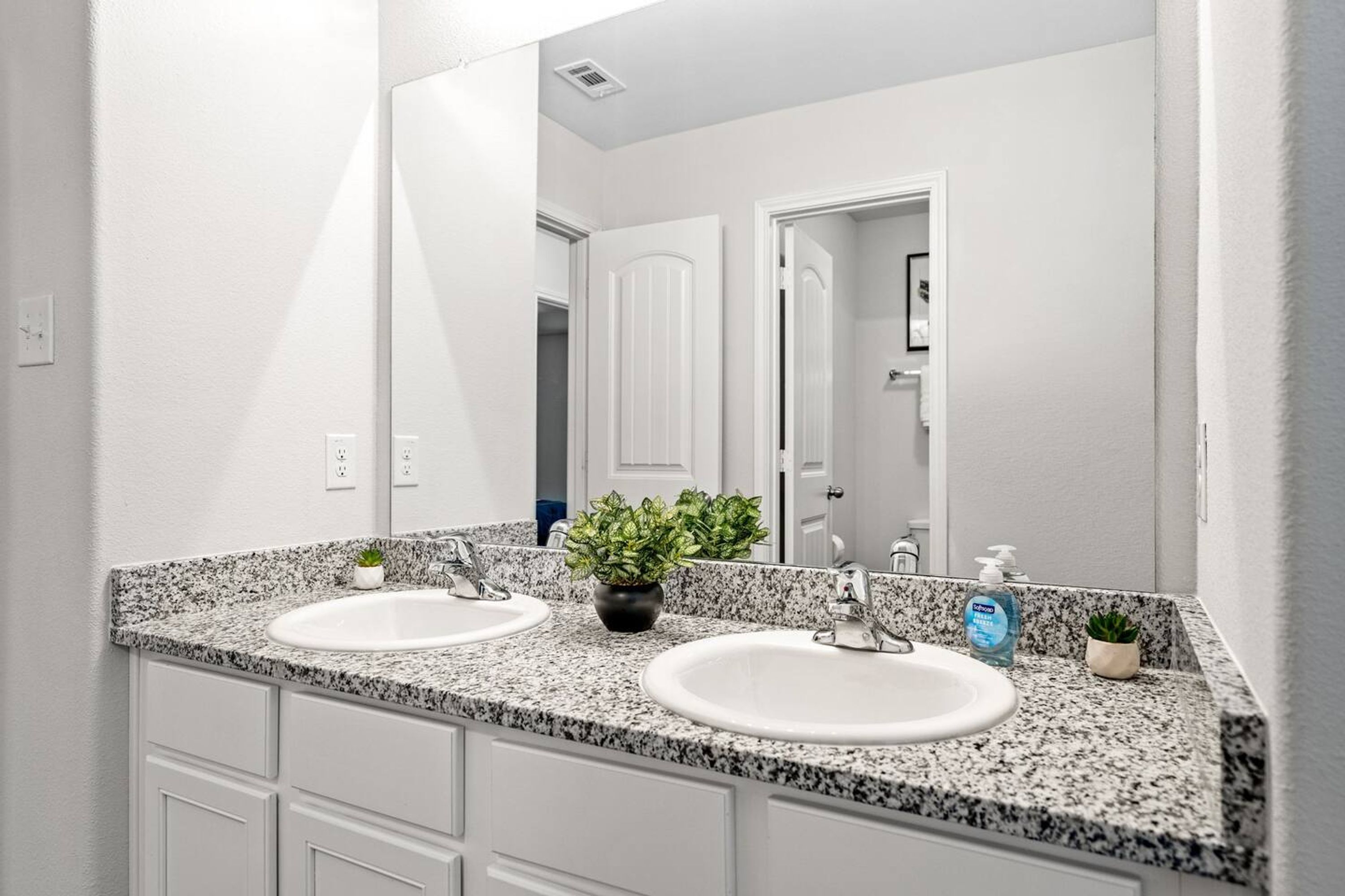 A bathroom with two sinks, granite countertops, a large mirror, and a potted plant.