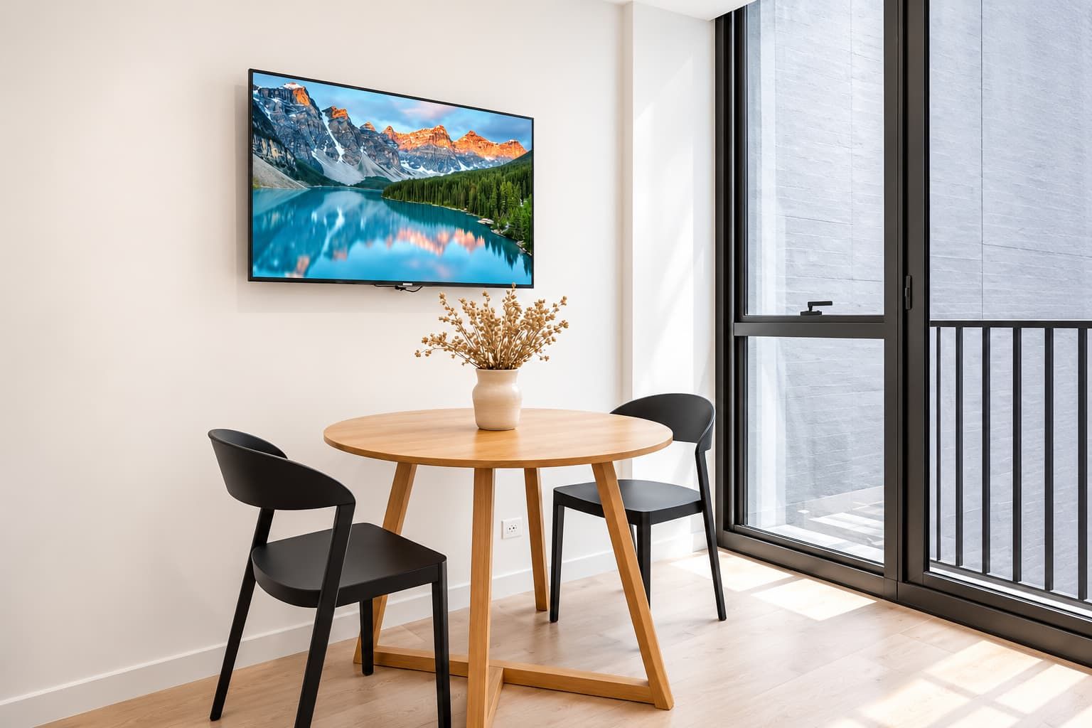 A modern interior with a round wooden table, two black chairs, a vase with dried flowers, and a large window with a view of mountains.