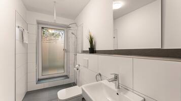 Dusche, Haartrockner, Handtücher, Seife