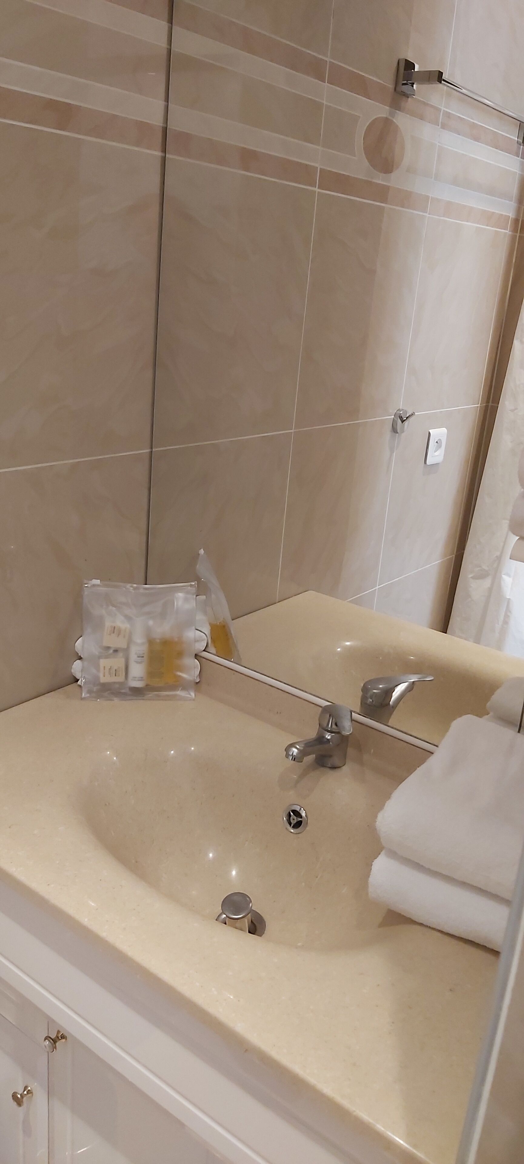 A bathroom with a beige sink, a mirror, and a towel rack.