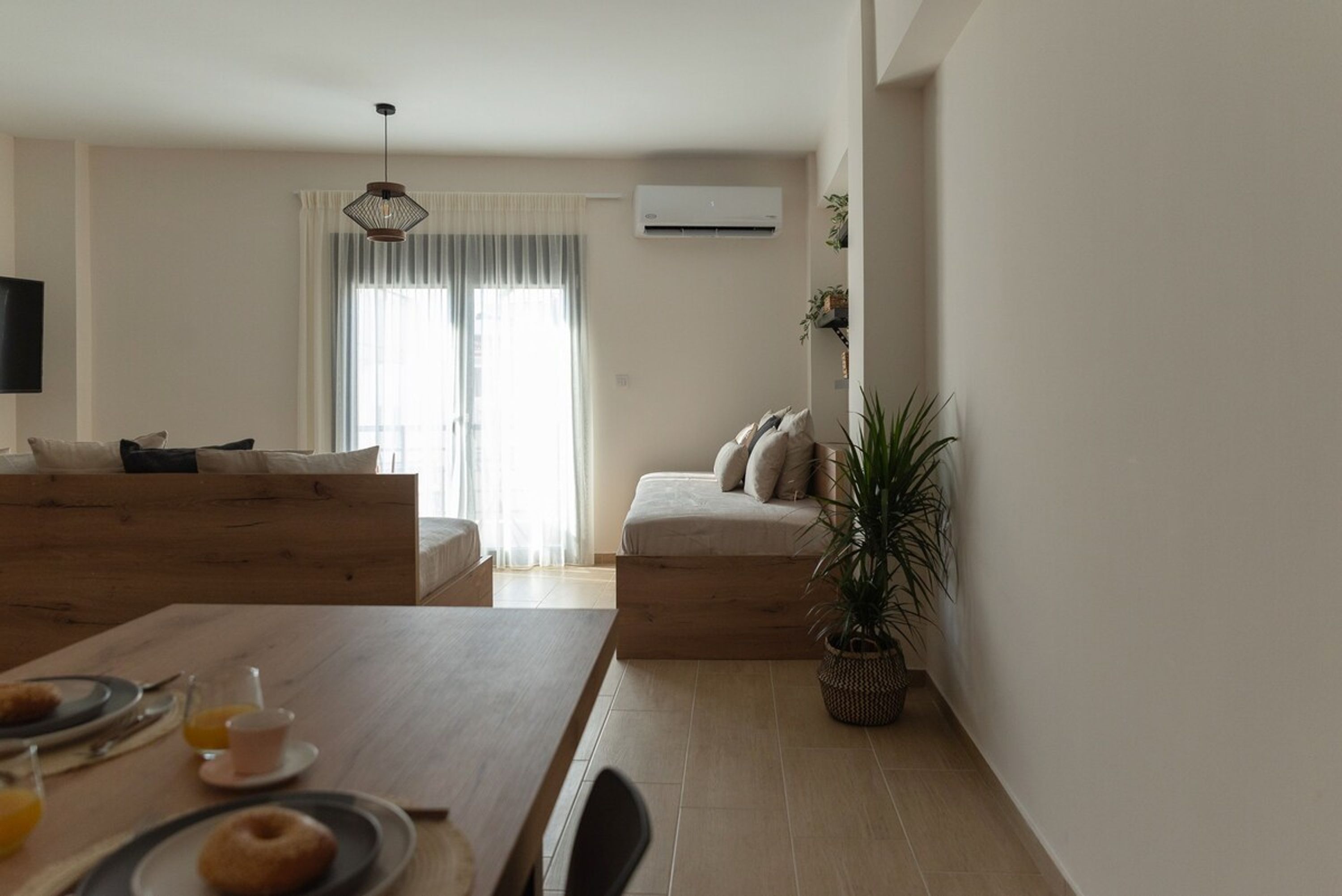 A modern living room with a wooden dining table, a sofa, and a potted plant.