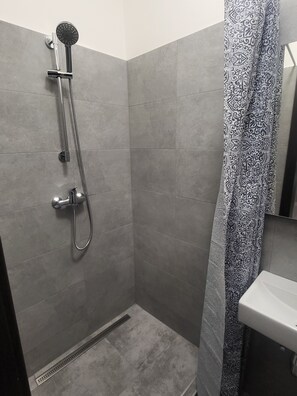 Suite | Bathroom | Shower, free toiletries, hair dryer, towels