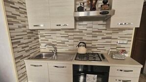 A modern kitchen with a stainless steel sink, a gas stove, and a built-in oven.