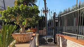 A courtyard with a tiled floor, potted plants, and a metal gate.