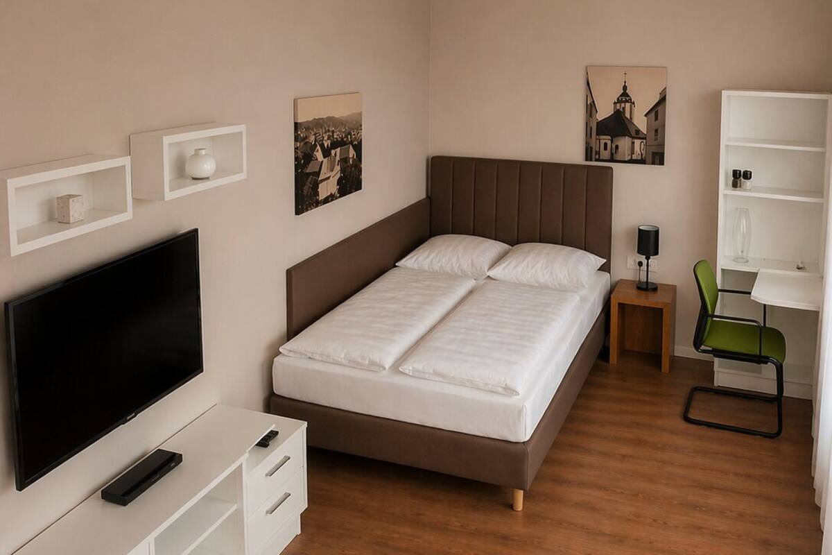 A hotel room with a bed, a TV, a desk, and a chair.