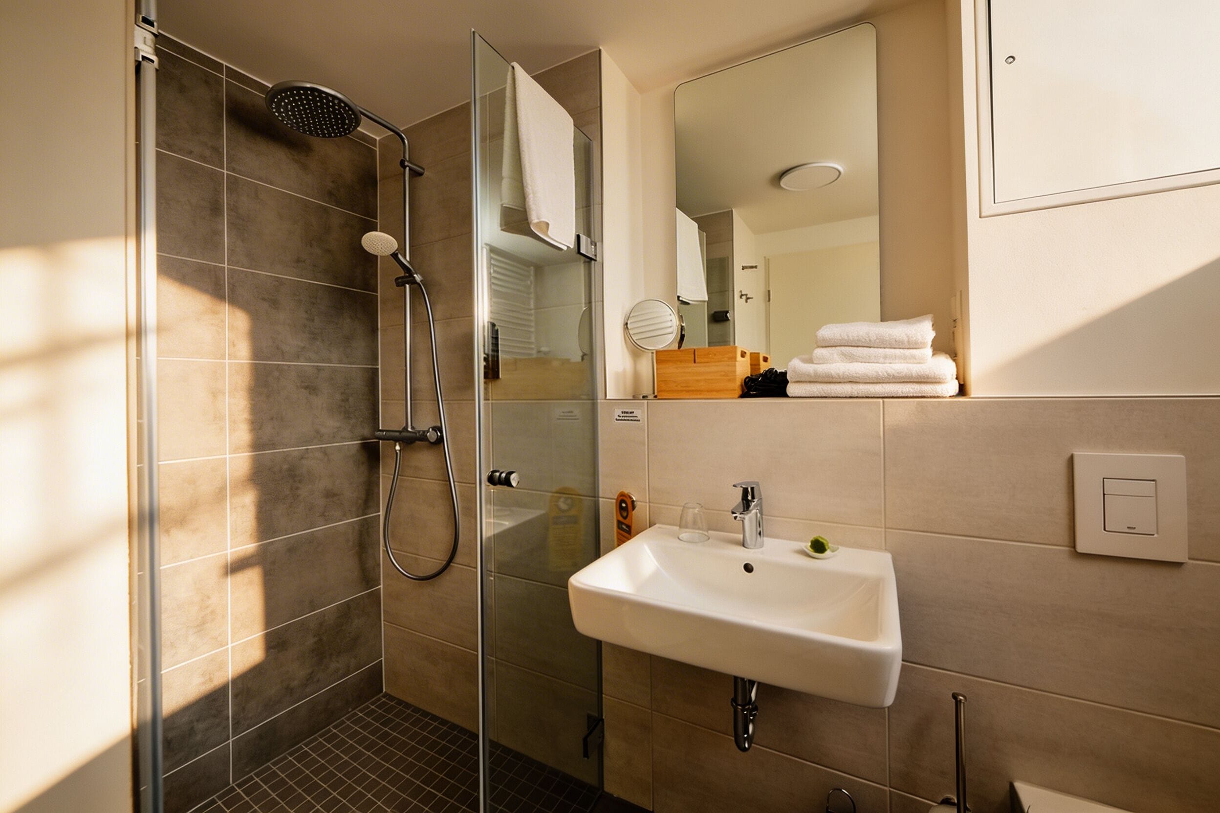 A modern bathroom with a glass-enclosed shower, a white sink, and a mirror above it.