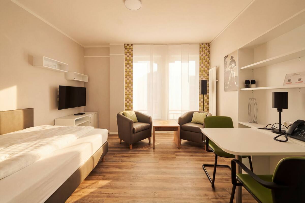 A hotel room with a bed, two armchairs, a desk with a chair, a TV, a lamp, and a phone.
