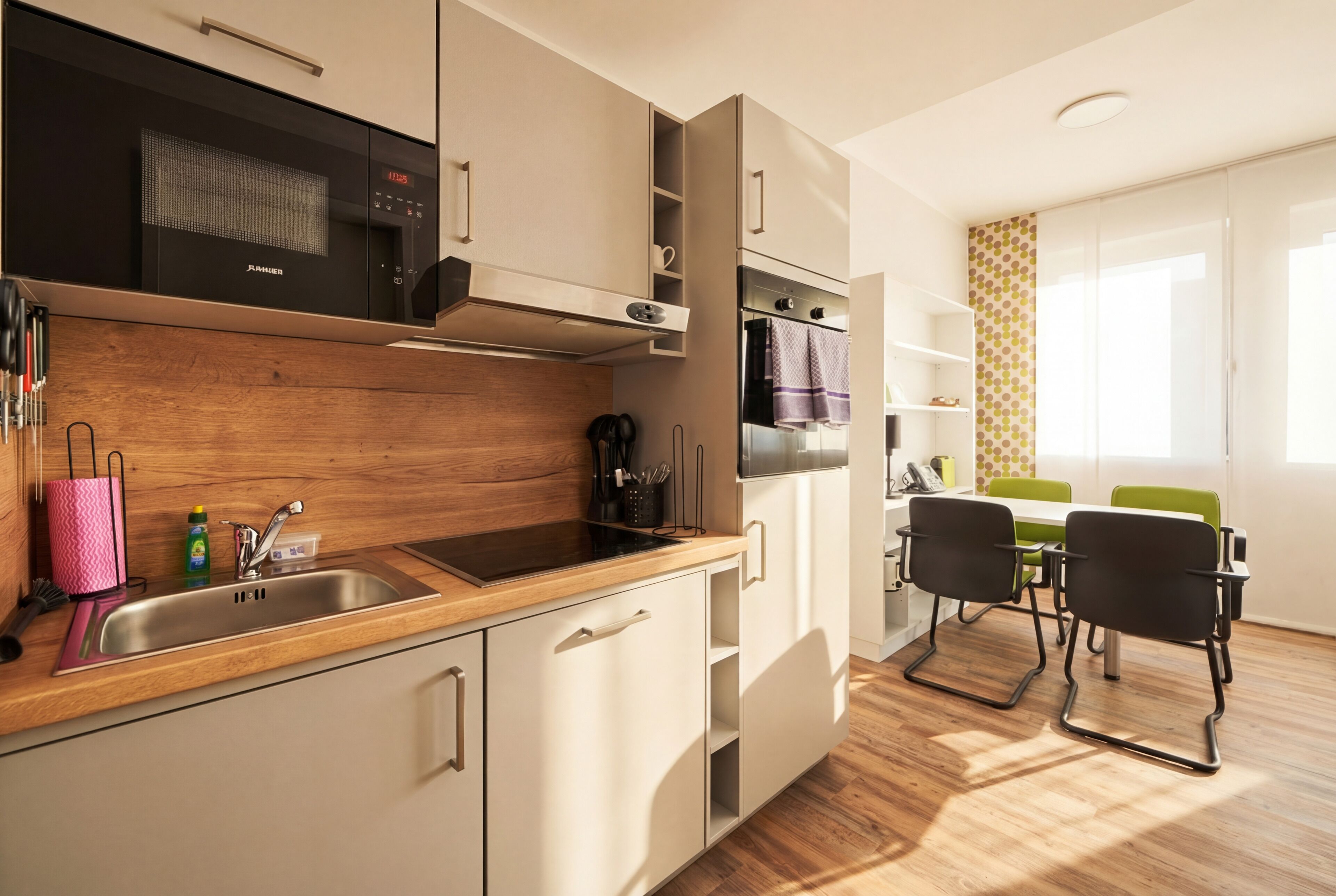 Una cucina moderna con piano di lavoro in legno, lavello in acciaio inossidabile e forno a microonde integrato. C'è un'area pranzo con tavolo e sedie.