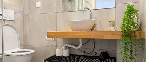 A modern bathroom with a white toilet, a sink with a wooden countertop, a mirror, and a green plant.