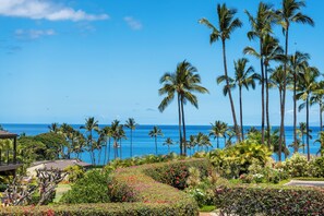 A tropical resort with palm trees, a view of the ocean, and landscaped gardens.