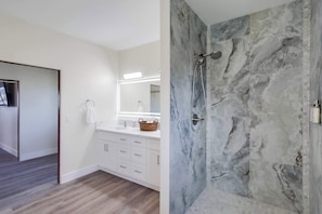 Shower, hair dryer, shampoo