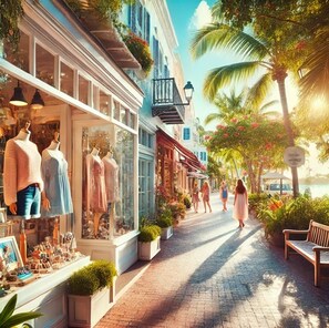 A boutique hotel with a storefront displaying mannequins in casual wear, a cobblestone street, and lush tropical plants. - Gulf Views 🌊 | Elevator 🏡 | 1 Minute to Beach 🌴| Heated Pool & Spa 🌅Sunsets (Anna Maria)