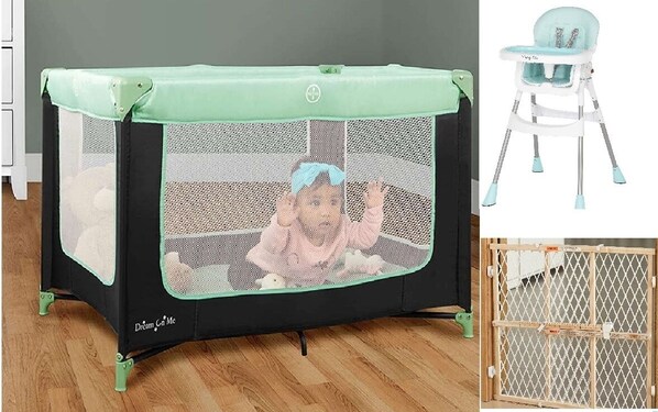 A baby playpen with a mesh screen and a small chair beside it. - Gulf Views 🌊 | Elevator 🏡 | 1 Minute to Beach 🌴| Heated Pool & Spa 🌅Sunsets (Anna Maria)