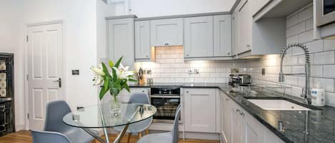 Microwave, oven, toaster, cookware/dishes/utensils