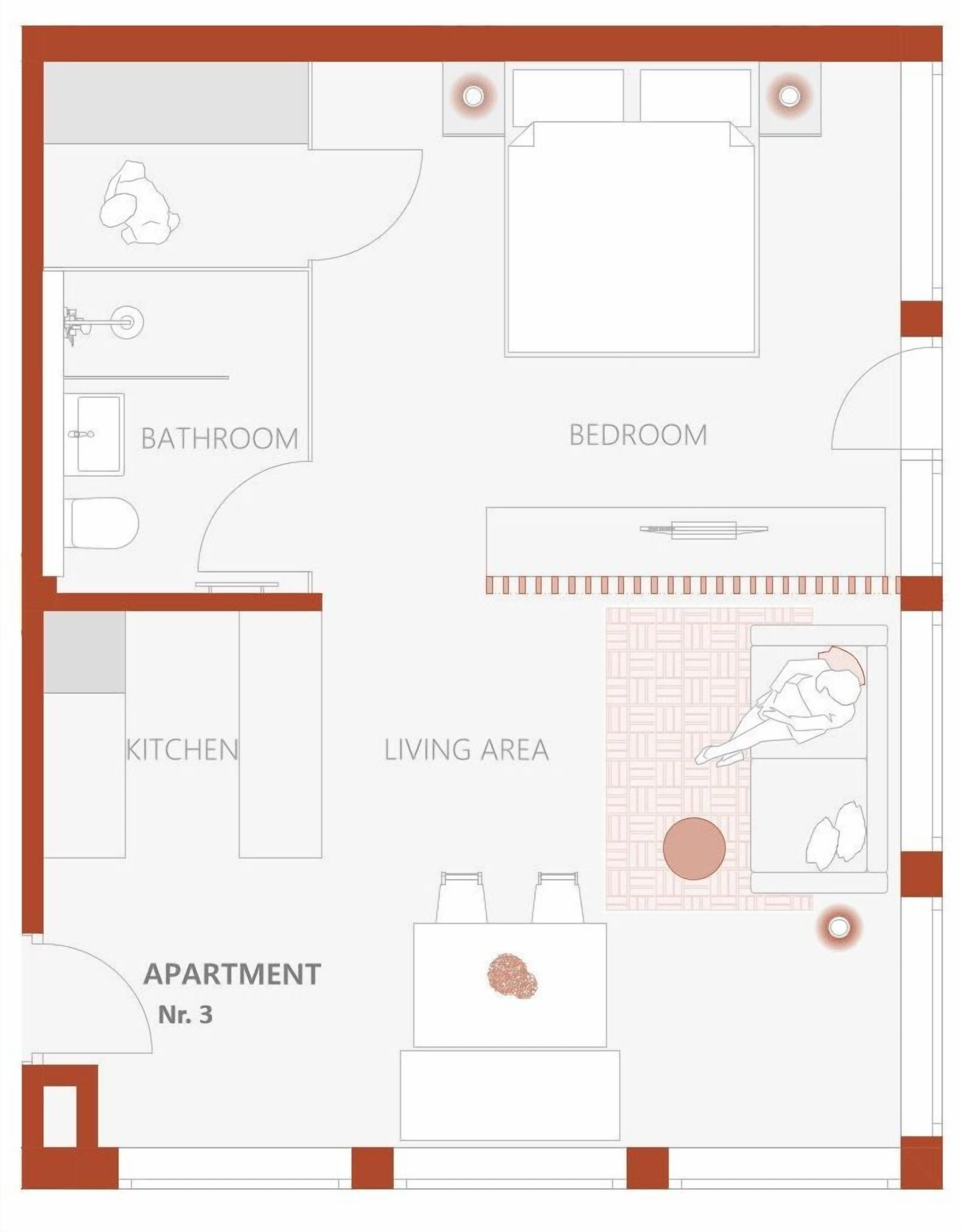 Plano de planta de un apartamento con dormitorio, baño, cocina y sala de estar.