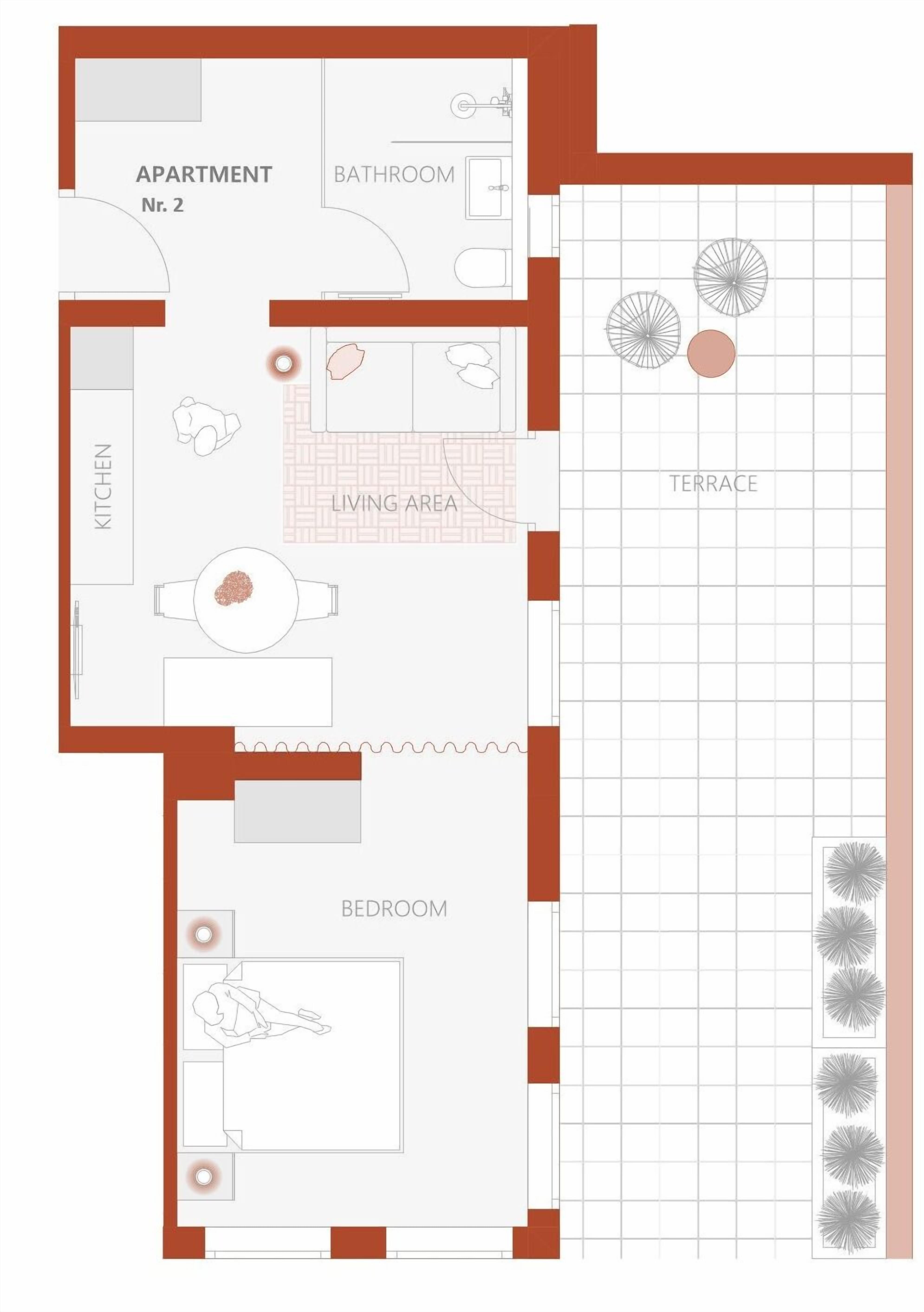 Een plattegrond van een appartement met aangeduide kamers, waaronder een keuken, woonruimte, slaapkamer, badkamer en terras.