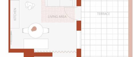 Grundriss einer Wohnung mit beschrifteten Räumen, darunter Küche, Wohnbereich, Schlafzimmer, Badezimmer und Terrasse.