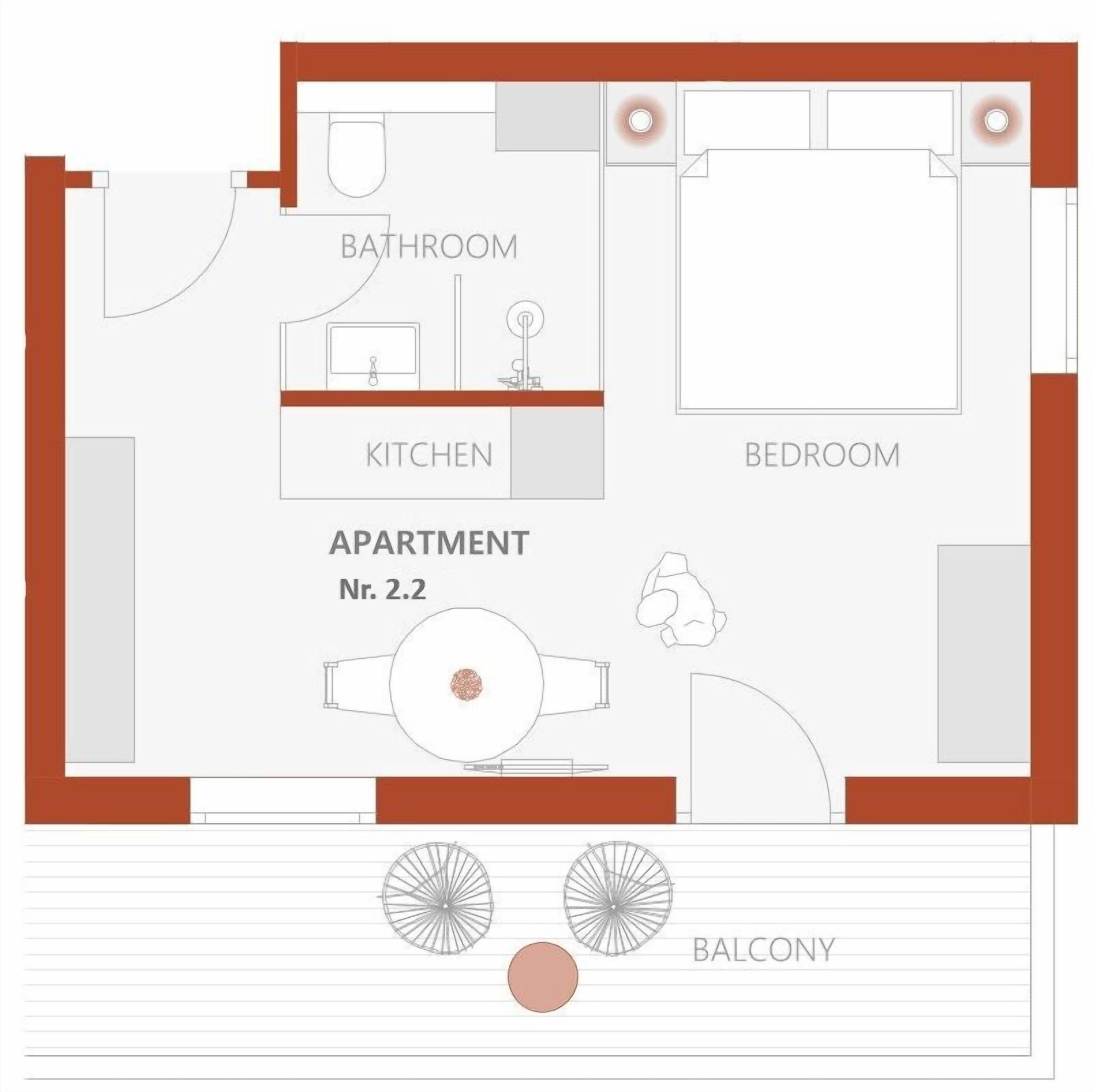 Een appartementindeling met een badkamer, keuken, slaapkamer, balkon en een eethoek.