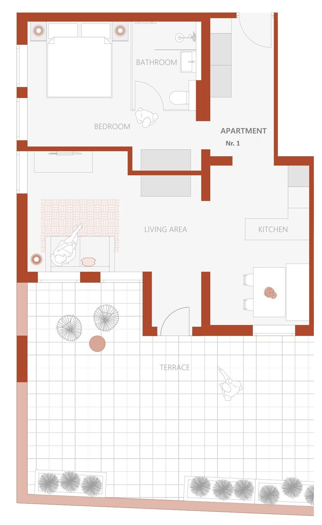 A floor plan of an apartment with labeled areas including a bedroom, bathroom, living area, kitchen, and terrace.