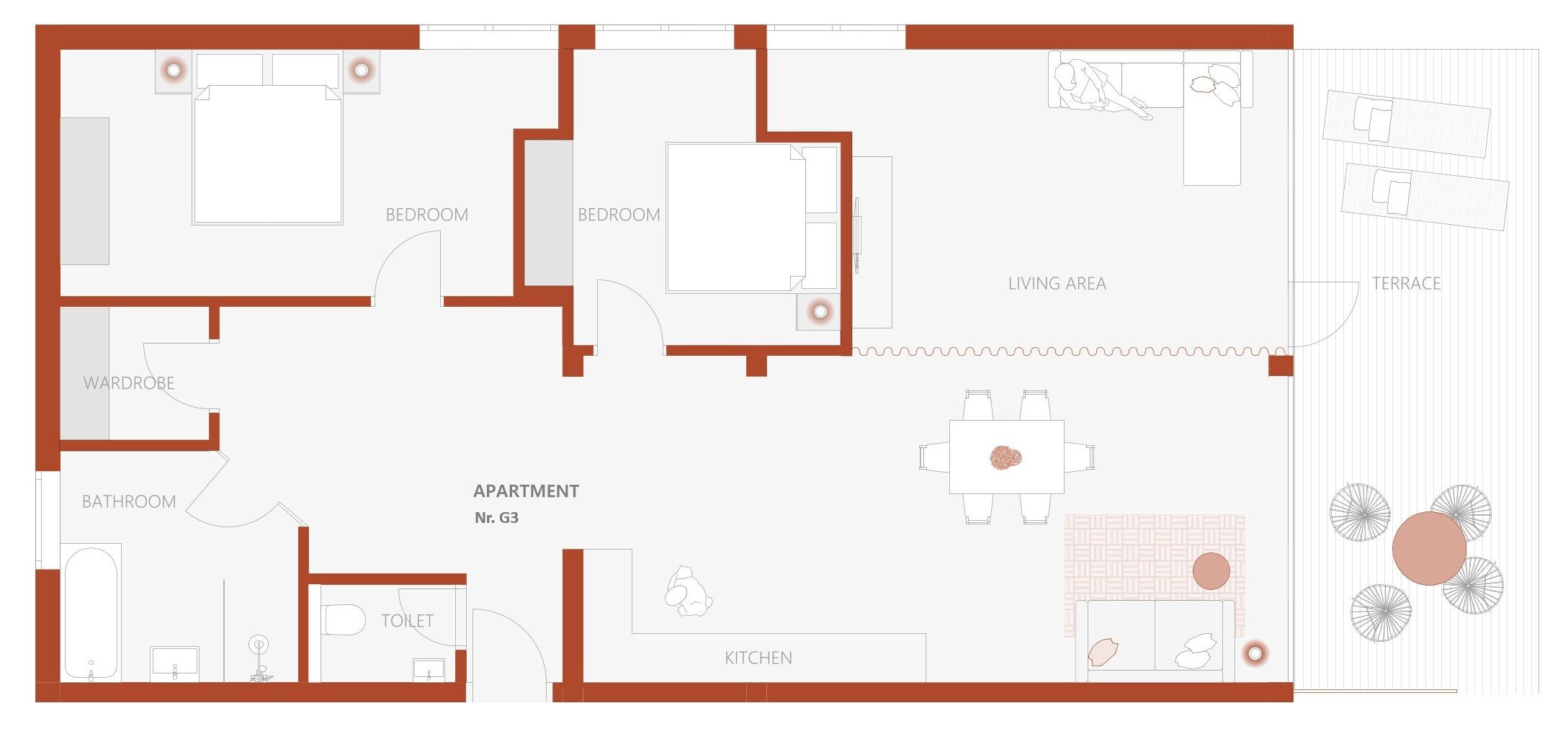 A floor plan of an apartment with two bedrooms, a living area, a terrace, a kitchen, a bathroom, and a wardrobe.