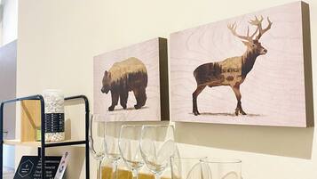 Mini-fridge, microwave, coffee/tea maker, electric kettle