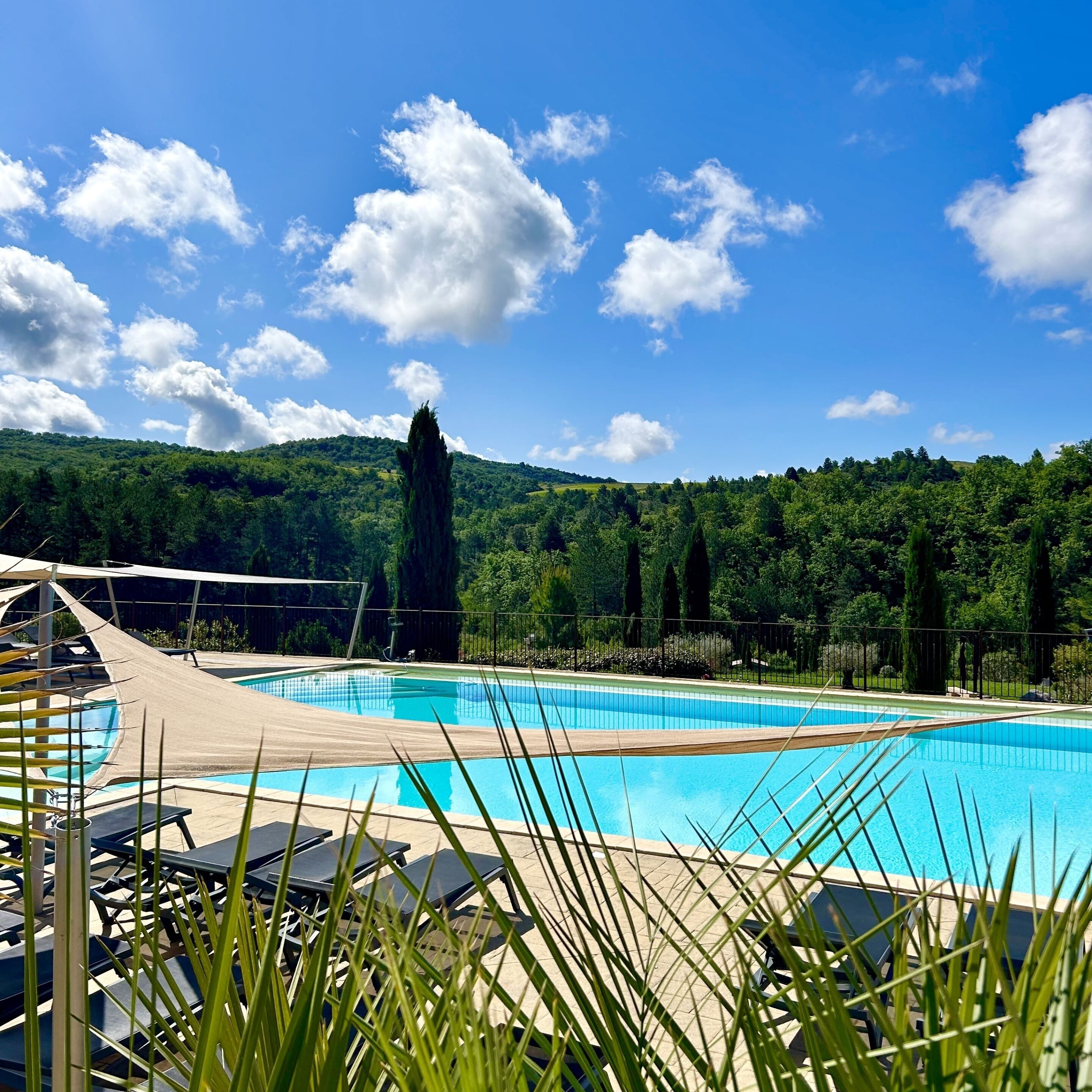 Une piscine avec des chaises longues et une vue sur des collines verdoyantes.