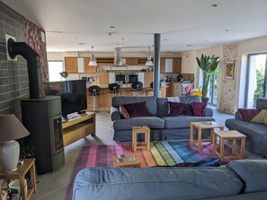 TV connectée, cheminée, lecteur de DVD, table de tennis de table