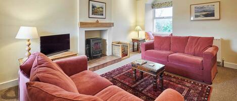 TV, fireplace, DVD player, books