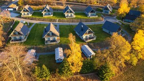 A residential area with multiple houses, each with a distinct architectural style, surrounded by trees and a well-maintained lawn.