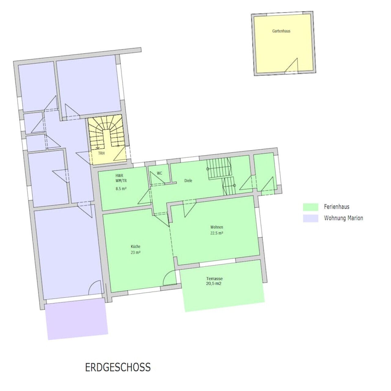 Plan d’étage d’une propriété appelée ERDGESCHOSS, comprenant un appartement (Wohnung Marion) de 22,5 m², une cuisine de 23 m², une terrasse de 20,5 m² et un chalet de jardin (espace vert).