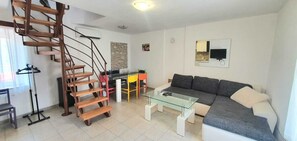 Smart TV, fireplace, books